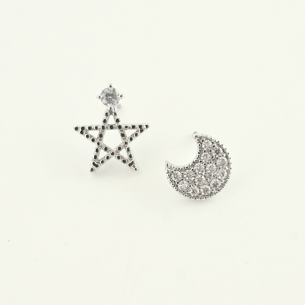 Cubic Zirconia Stud Earrings, Moon and Star Post Earrings, NWOT